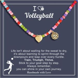Turandoss Easter Softball/Soccer Volleyball Basketball Necklace for Kids Girls, Colorful Beaded Dainty Heart Pendant, Inspirational Sport Jewelry, Easter Basket Stuffers Gifts for Kids Teens(Volleyball)