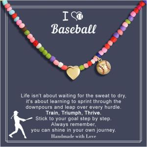 Turandoss Easter Softball/Soccer Volleyball Basketball Necklace for Kids Girls, Colorful Beaded Dainty Heart Pendant, Inspirational Sport Jewelry, Easter Basket Stuffers Gifts for Kids Teens(Baseball)