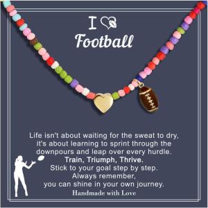 Turandoss Easter Softball/Soccer Volleyball Basketball Necklace for Kids Girls, Colorful Beaded Dainty Heart Pendant, Inspirational Sport Jewelry, Easter Basket Stuffers Gifts for Kids Teens(Football)