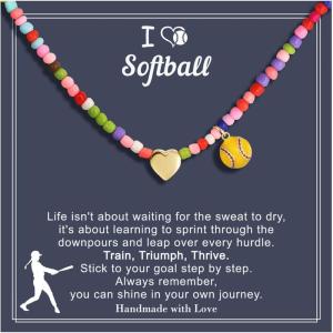Turandoss Easter Softball/Soccer Volleyball Basketball Necklace for Kids Girls, Colorful Beaded Dainty Heart Pendant, Inspirational Sport Jewelry, Easter Basket Stuffers Gifts for Kids Teens(Softball)