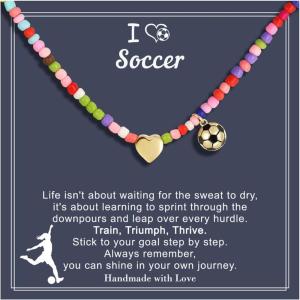 Turandoss Easter Softball/Soccer Volleyball Basketball Necklace for Kids Girls, Colorful Beaded Dainty Heart Pendant, Inspirational Sport Jewelry, Easter Basket Stuffers Gifts for Kids Teens(Soccer)