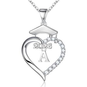 Turandoss Graduation Gifts for Women – S925 Sterling Silver CZ Class of 2026 Letter Necklace Graduation Cap Pendant Heart Initial Necklaces for Women College High School Friendship Gifts for 2026(A’)