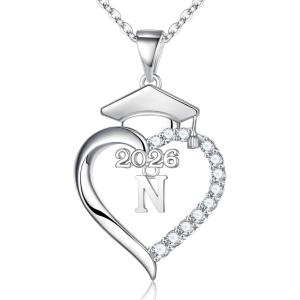 Turandoss Graduation Gifts for Women – S925 Sterling Silver CZ Class of 2026 Letter Necklace Graduation Cap Pendant Heart Initial Necklaces for Women College High School Friendship Gifts for 2026(N)