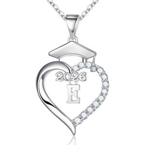 Turandoss Graduation Gifts for Women – S925 Sterling Silver CZ Class of 2026 Letter Necklace Graduation Cap Pendant Heart Initial Necklaces for Women College High School Friendship Gifts for 2026(E)