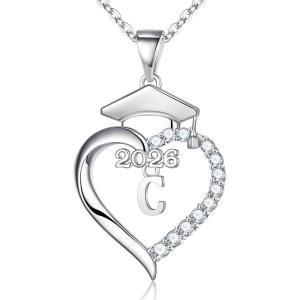 Turandoss Graduation Gifts for Women – S925 Sterling Silver CZ Class of 2026 Letter Necklace Graduation Cap Pendant Heart Initial Necklaces for Women College High School Friendship Gifts for 2026(C)