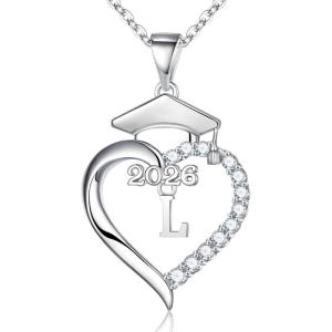 Turandoss Graduation Gifts for Women – S925 Sterling Silver CZ Class of 2026 Letter Necklace Graduation Cap Pendant Heart Initial Necklaces for Women College High School Friendship Gifts for 2026(L)