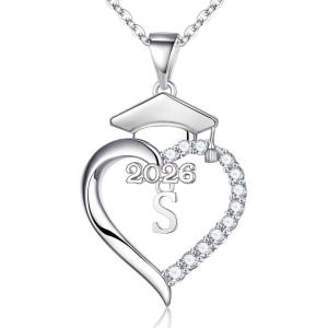 Turandoss Graduation Gifts for Women – S925 Sterling Silver CZ Class of 2026 Letter Necklace Graduation Cap Pendant Heart Initial Necklaces for Women College High School Friendship Gifts for 2026(S)