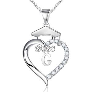 Turandoss Graduation Gifts for Women – S925 Sterling Silver CZ Class of 2026 Letter Necklace Graduation Cap Pendant Heart Initial Necklaces for Women College High School Friendship Gifts for 2026(G)