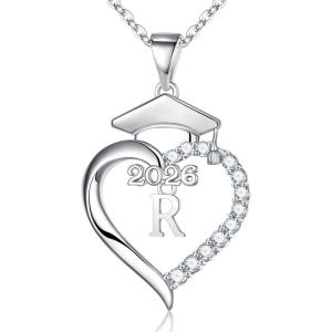Turandoss Graduation Gifts for Women – S925 Sterling Silver CZ Class of 2026 Letter Necklace Graduation Cap Pendant Heart Initial Necklaces for Women College High School Friendship Gifts for 2026(R)