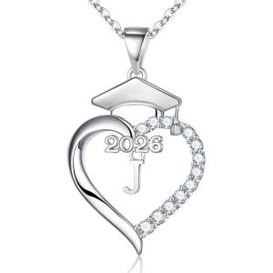 Turandoss Graduation Gifts for Women – S925 Sterling Silver CZ Class of 2026 Letter Necklace Graduation Cap Pendant Heart Initial Necklaces for Women College High School Friendship Gifts for 2026(J)