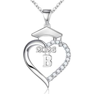 Turandoss Graduation Gifts for Women – S925 Sterling Silver CZ Class of 2026 Letter Necklace Graduation Cap Pendant Heart Initial Necklaces for Women College High School Friendship Gifts for 2026(B)