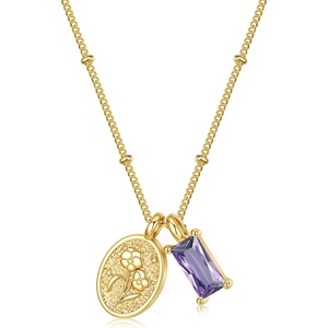 Turandoss Birthstone Necklaces for Women Girls, Dainty 14K Gold Plated Created Emerald Birthstone Personalized Birth Flower Pendant 1-12 Months Necklace Birthday Jewelry Gifts for Women Mom(02-Feb-Lab Ame-Vio)
