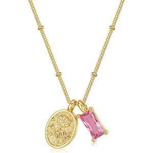 Turandoss Birthstone Necklaces for Women Girls, Dainty 14K Gold Plated Created Emerald Birthstone Personalized Birth Flower Pendant 1-12 Months Necklace Birthday Jewelry Gifts for Women Mom(10-Oct-Lab Tou-Cos)