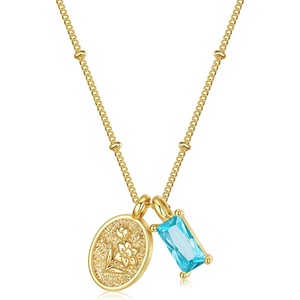 Turandoss Birthstone Necklaces for Women Girls, Dainty 14K Gold Plated Created Emerald Birthstone Personalized Birth Flower Pendant 1-12 Months Necklace Birthday Jewelry Gifts for Women Mom(03-Mar-Lab Aqu-Daf)