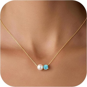 Turandoss Birthstone Necklaces for Women Girls Trendy, Dainty 14K Gold Plated Created Pearl 12 Months Round Birthstone Necklaces Birthday Gifts Jewelry for Teen Girls(03-Mar-Lab Aquamarine)