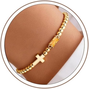 Turandoss Cross Birthstone Bracelets for Women Girls – Dainty 14K Gold Plated 12 Month Cross Birthstone Beaded Strech Bracelet Jewelry Birthday Faith Gifts for Women(11.November(Citrine))