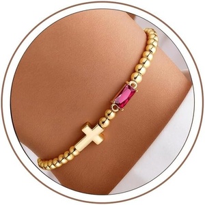 Turandoss Cross Birthstone Bracelets for Women Girls – Dainty 14K Gold Plated 12 Month Cross Birthstone Beaded Strech Bracelet Jewelry Birthday Faith Gifts for Women(07.July(Ruby))