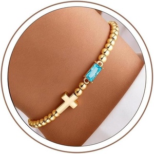 Turandoss Cross Birthstone Bracelets for Women Girls – Dainty 14K Gold Plated 12 Month Cross Birthstone Beaded Strech Bracelet Jewelry Birthday Faith Gifts for Women(03.March(Aquamarin))