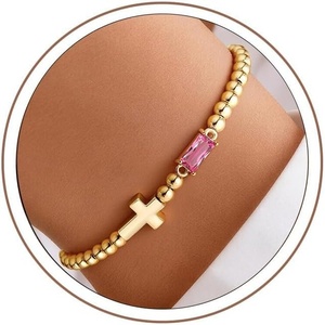 Turandoss Cross Birthstone Bracelets for Women Girls – Dainty 14K Gold Plated 12 Month Cross Birthstone Beaded Strech Bracelet Jewelry Birthday Faith Gifts for Women(10.October(Tourmaline))