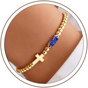 Turandoss Cross Birthstone Bracelets for Women Girls – Dainty 14K Gold Plated 12 Month Cross Birthstone Beaded Strech Bracelet Jewelry Birthday Faith Gifts for Women(09.September(Sapphire))