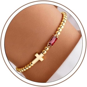 Turandoss Cross Birthstone Bracelets for Women Girls – Dainty 14K Gold Plated 12 Month Cross Birthstone Beaded Strech Bracelet Jewelry Birthday Faith Gifts for Women(01.January(Garnet))