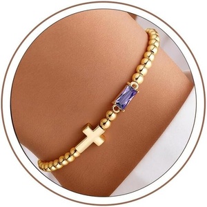 Turandoss Cross Birthstone Bracelets for Women Girls – Dainty 14K Gold Plated 12 Month Cross Birthstone Beaded Strech Bracelet Jewelry Birthday Faith Gifts for Women(06.June(Alexandrite))