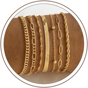 Turandoss Gold Bracelets Set for Women, Waterproof 14K Gold Plated Chunky Cuff Bracelet Stackable Tie Knot Cuban Paperclip Box Chain Bracelet Snake Rope Beaded Bangle Bracelets for Women Jewelry Gifts(7PCS Cuban Bracelet – Herringbone)