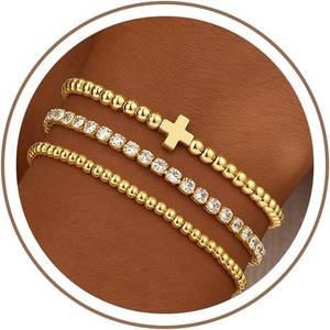 Turandoss Gold Bracelets for Women – Dainty 14K Gold Plated Tennis Bracelet for Women Trendy Stackable Cross Beaded Set Twisted Rope Bracelet Snake Paperclip Chain Knot Cuff Bracelets Jewelry Gifts(cross beaded-gold beaded-tennis bracelet)