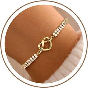 Turandoss Gold Bracelets for Women – Dainty Bow Tennis Bracelets for Women Trendy 14K Gold Plated Interlocking Circle Heart Bracelet Stackable Bow Wave Tennis Bracelet Jewelry Gifts for Girls Her(Heart Tennis Bracelet)