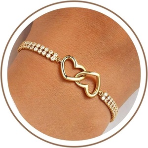 Turandoss Gold Bracelets for Women – Dainty Bow Tennis Bracelets for Women Trendy 14K Gold Plated Interlocking Circle Heart Bracelet Stackable Bow Wave Tennis Bracelet Jewelry Gifts for Girls Her(Double Heart Tennis Bracelet)