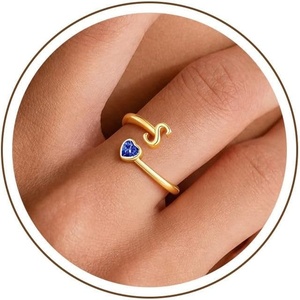 Turandoss Heart Initial Birthstone Ring for Women Girls, Dainty 14K Gold Plated Initial Letter A-Z Adjustable Heart Birthstone Ring Personalized Birthday Jewelry Gifts for 5-16 Year Old Girls(12-Lab Tanzanite)