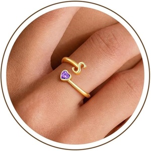 Turandoss Heart Initial Birthstone Ring for Women Girls, Dainty 14K Gold Plated Initial Letter A-Z Adjustable Heart Birthstone Ring Personalized Birthday Jewelry Gifts for 5-16 Year Old Girls(02-Lab Amethyst)