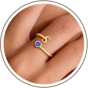 Turandoss Heart Initial Birthstone Ring for Women Girls, Dainty 14K Gold Plated Initial Letter A-Z Adjustable Heart Birthstone Ring Personalized Birthday Jewelry Gifts for 5-16 Year Old Girls(09-Lab Sapphire)