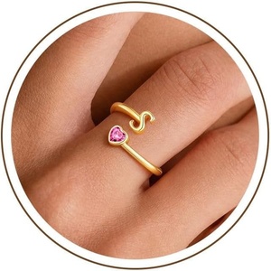 Turandoss Heart Initial Birthstone Ring for Women Girls, Dainty 14K Gold Plated Initial Letter A-Z Adjustable Heart Birthstone Ring Personalized Birthday Jewelry Gifts for 5-16 Year Old Girls(10-Lab Pink Tourmaline)