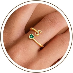 Turandoss Heart Initial Birthstone Ring for Women Girls, Dainty 14K Gold Plated Initial Letter A-Z Adjustable Heart Birthstone Ring Personalized Birthday Jewelry Gifts for 5-16 Year Old Girls(05-Lab Emerald)