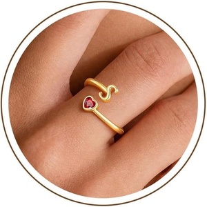 Turandoss Heart Initial Birthstone Ring for Women Girls, Dainty 14K Gold Plated Initial Letter A-Z Adjustable Heart Birthstone Ring Personalized Birthday Jewelry Gifts for 5-16 Year Old Girls(01-Lab Garnet)