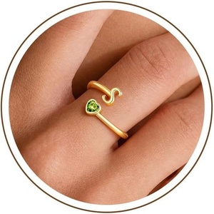 Turandoss Heart Initial Birthstone Ring for Women Girls, Dainty 14K Gold Plated Initial Letter A-Z Adjustable Heart Birthstone Ring Personalized Birthday Jewelry Gifts for 5-16 Year Old Girls(08-Lab Peridot)