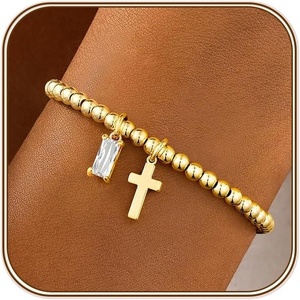 Turandoss Cross Birthstone Bracelets for Women Girls Trendy, Dainty 14K Gold Plated Beaded Cross 12 Months Birthstone Stretch Bracelets Waterproof Faith Birthday Jewelry Gifts for Teen Girls(04.April(Clear CZ))