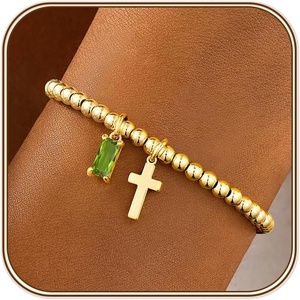 Turandoss Cross Birthstone Bracelets for Women Girls Trendy, Dainty 14K Gold Plated Beaded Cross 12 Months Birthstone Stretch Bracelets Waterproof Faith Birthday Jewelry Gifts for Teen Girls(08.August(Peridot))