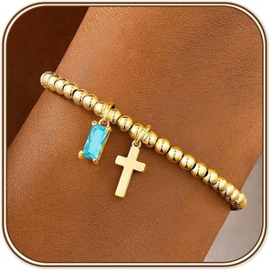 Turandoss Cross Birthstone Bracelets for Women Girls Trendy, Dainty 14K Gold Plated Beaded Cross 12 Months Birthstone Stretch Bracelets Waterproof Faith Birthday Jewelry Gifts for Teen Girls(03.March(Aquamarin))