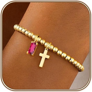 Turandoss Cross Birthstone Bracelets for Women Girls Trendy, Dainty 14K Gold Plated Beaded Cross 12 Months Birthstone Stretch Bracelets Waterproof Faith Birthday Jewelry Gifts for Teen Girls(07.July(Ruby))