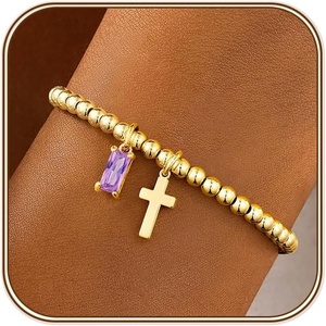 Turandoss Cross Birthstone Bracelets for Women Girls Trendy, Dainty 14K Gold Plated Beaded Cross 12 Months Birthstone Stretch Bracelets Waterproof Faith Birthday Jewelry Gifts for Teen Girls(02.February(Amethyst))