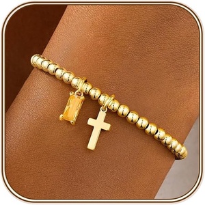 Turandoss Cross Birthstone Bracelets for Women Girls Trendy, Dainty 14K Gold Plated Beaded Cross 12 Months Birthstone Stretch Bracelets Waterproof Faith Birthday Jewelry Gifts for Teen Girls(11.November(Citrine))