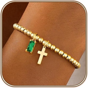 Turandoss Cross Birthstone Bracelets for Women Girls Trendy, Dainty 14K Gold Plated Beaded Cross 12 Months Birthstone Stretch Bracelets Waterproof Faith Birthday Jewelry Gifts for Teen Girls(05.May(Emerald))