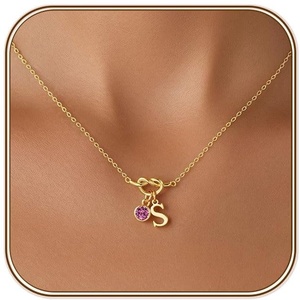 Turandoss Knot Birthstone Initial Necklace for Women, Dainty 14K Gold Plated A-Z Letter Pendant 1-12 Month Birthstone Personalized Alphabet Name Jewelry Birthday Gifts for Women Her(S)