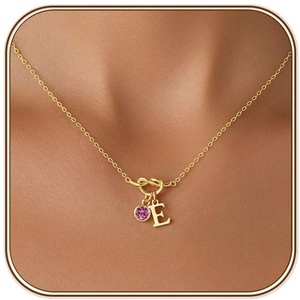 Turandoss Knot Birthstone Initial Necklace for Women, Dainty 14K Gold Plated A-Z Letter Pendant 1-12 Month Birthstone Personalized Alphabet Name Jewelry Birthday Gifts for Women Her(E)