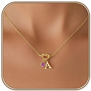 Turandoss Knot Birthstone Initial Necklace for Women, Dainty 14K Gold Plated A-Z Letter Pendant 1-12 Month Birthstone Personalized Alphabet Name Jewelry Birthday Gifts for Women Her(A.)