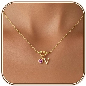 Turandoss Knot Birthstone Initial Necklace for Women, Dainty 14K Gold Plated A-Z Letter Pendant 1-12 Month Birthstone Personalized Alphabet Name Jewelry Birthday Gifts for Women Her(V)