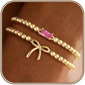 Turandoss Birthstone Beaded Bracelets for Women – Dainty 14K Gold Plated Bow Beaded Stretch Bracelets Stackable Created 12 Month Birthstone Bracelet Birthday Jewelry for Women Teen Girls Gifts(10.October(Tourmaline))