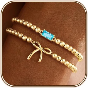 Turandoss Birthstone Beaded Bracelets for Women – Dainty 14K Gold Plated Bow Beaded Stretch Bracelets Stackable Created 12 Month Birthstone Bracelet Birthday Jewelry for Women Teen Girls Gifts(03.March(Aquamarin))